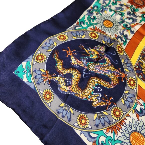 VTG Tongyu 100% Silk Scarf 42x42 Hand Rolled Hem Chinese Dragon Motif Multicolor - Picture 8 of 15